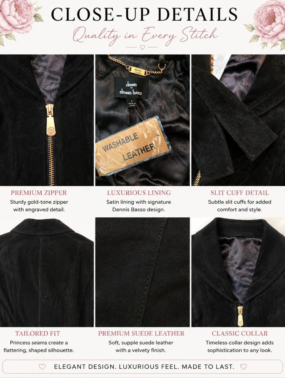 NWT Dennis Basso Black Washable Suede Leather Jacket L Gold Zip - Picture 4 of 11